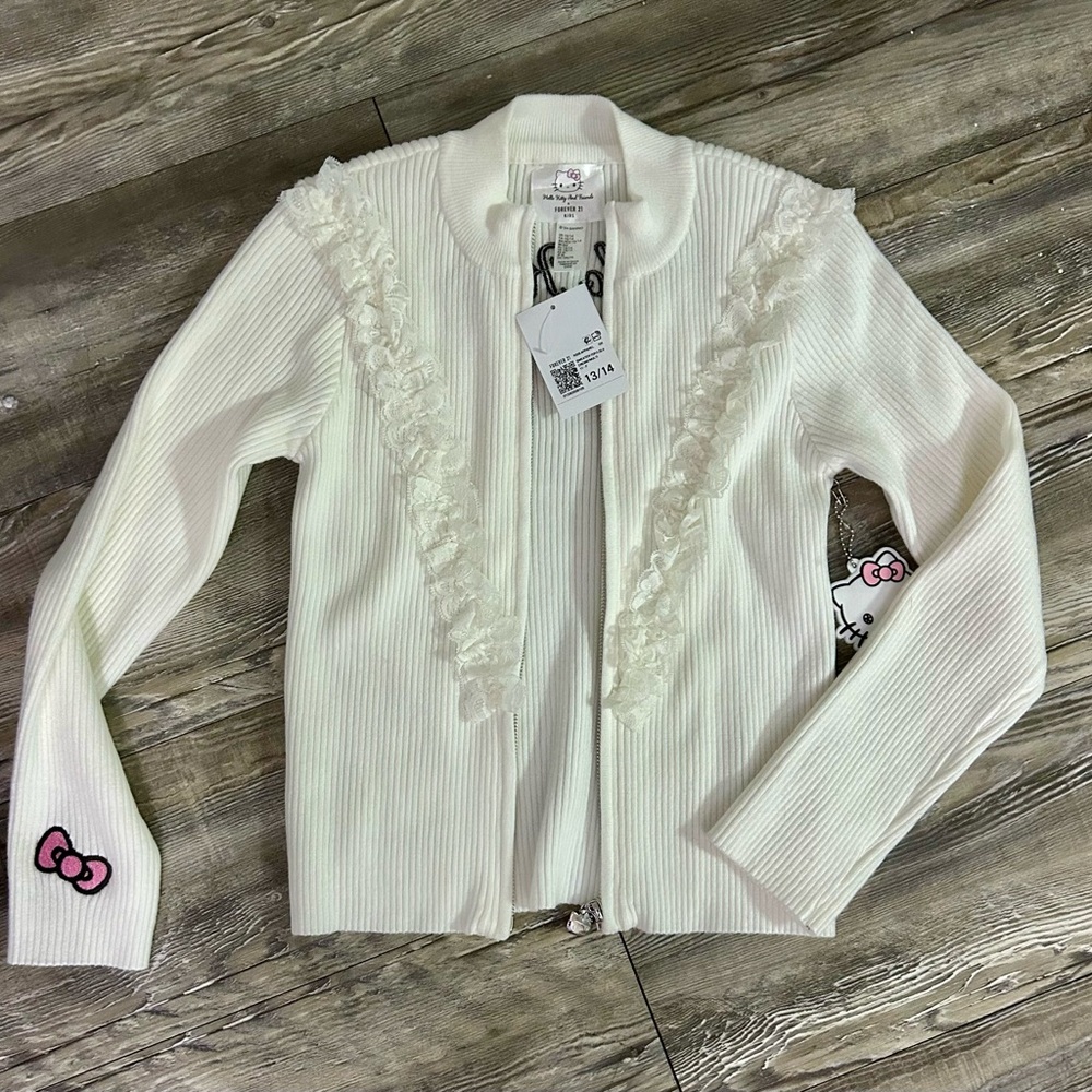 Forever 21 Kids White Ribbed Zip Cardigan with Ruffle Detail